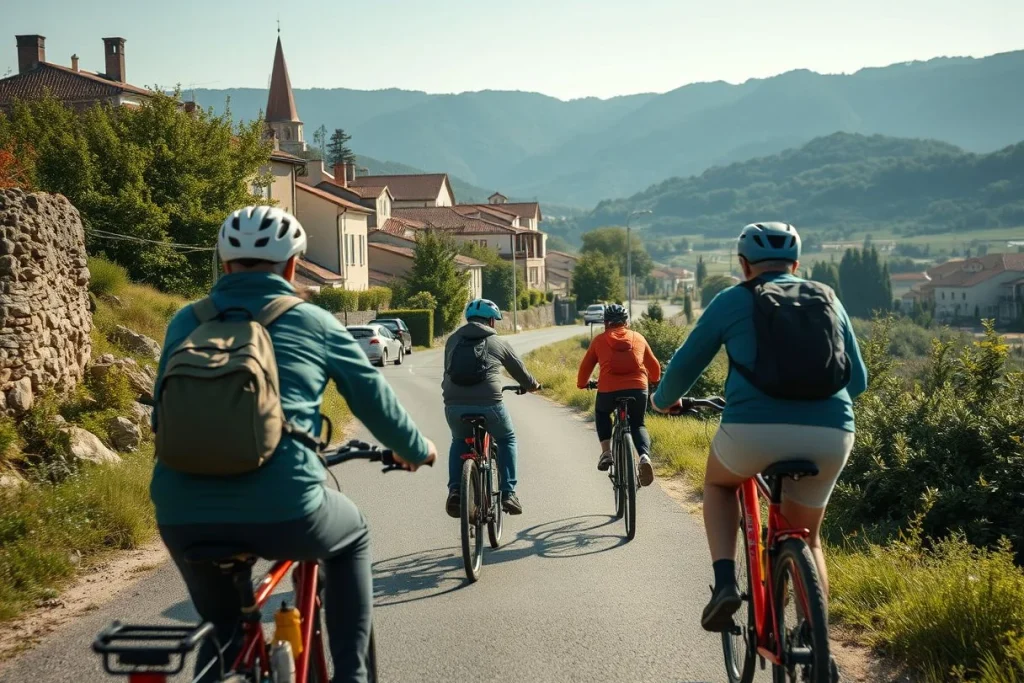 Four helmeted cyclists ride touring bicycles away from the camera along a sunny paved road through a mountainous European