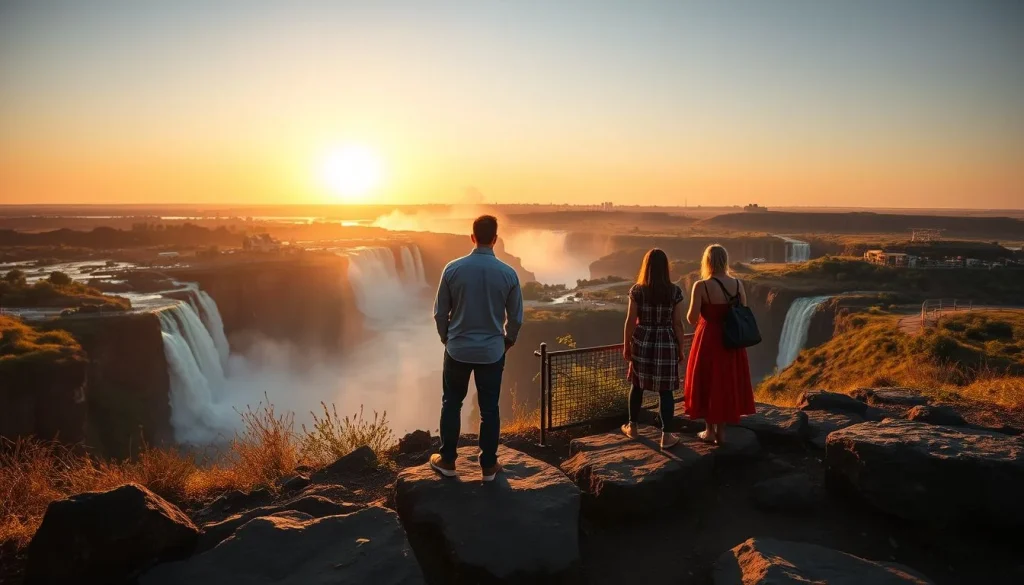 A golden-hour panorama shows three visitors standing on dark rocks beside a railing above a broad, mist-filled waterfall