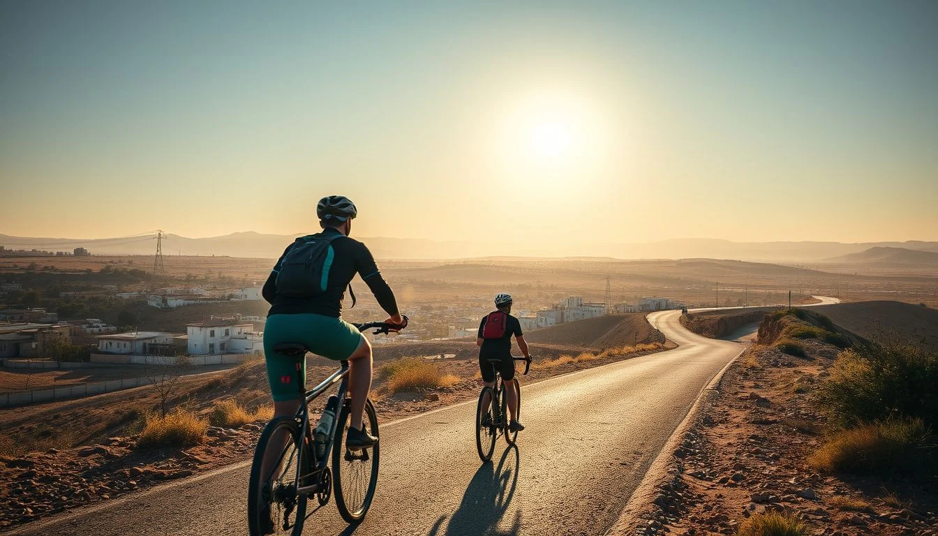 Two cyclists ride along a winding paved road overlooking a dry Moroccan settlement and broad mountain foothills in warm