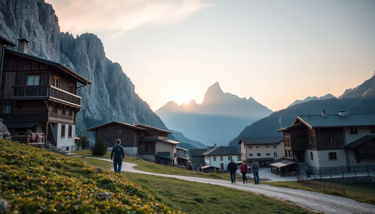 A small group of hikers walks along a gravel path through a mountain village beneath dramatic Dolomite peaks at warm early
