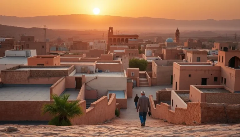 A warm early-morning view over a terracotta-roofed Moroccan town, with two people walking down a rooftop passage toward