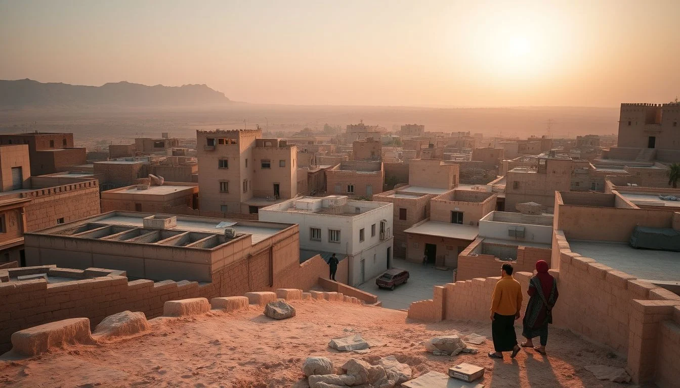 A warm early-morning panoramic view over a dense mud-brick town, with two distant people on a rooftop in the foreground and
