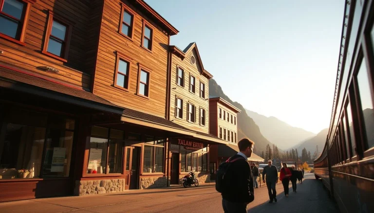 A warmly lit mountain-town street with pedestrians beside a partially visible passenger train, timber storefronts, and steep