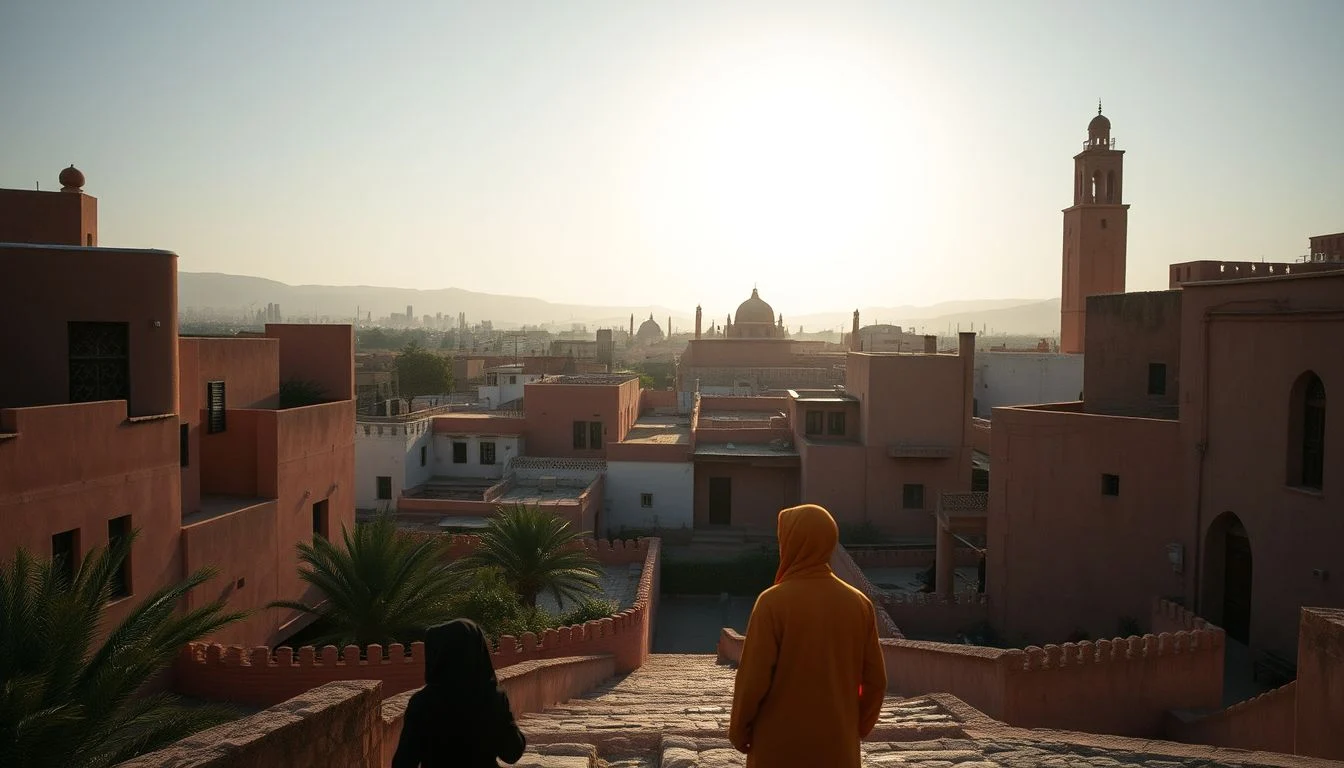 A warm early-morning view over terracotta rooftops and palm trees in Marrakech, with two distant people descending a rooftop