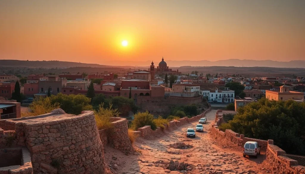A sunset view over a reddish Moroccan town, with a domed mosque and minaret in the middle distance, arid hills beyond, and a