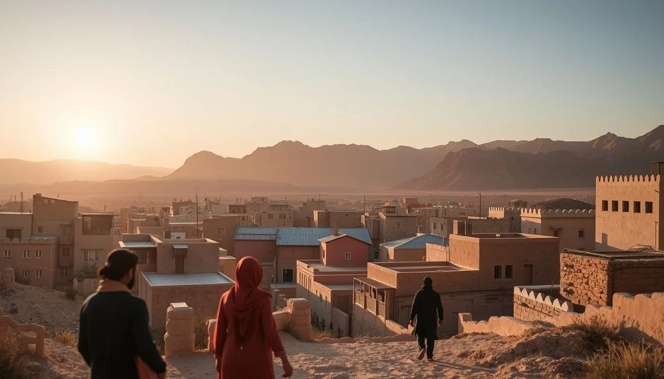 A warm early-morning view over a Jordanian-looking town, with three people walking downhill toward low-rise buildings and