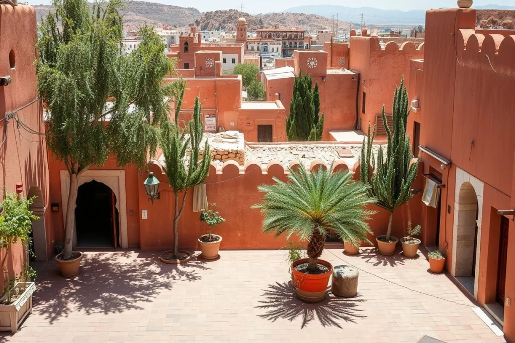 A sunlit terracotta courtyard in Marrakech with potted palms and cypress trees, overlooking ochre buildings and a rugged