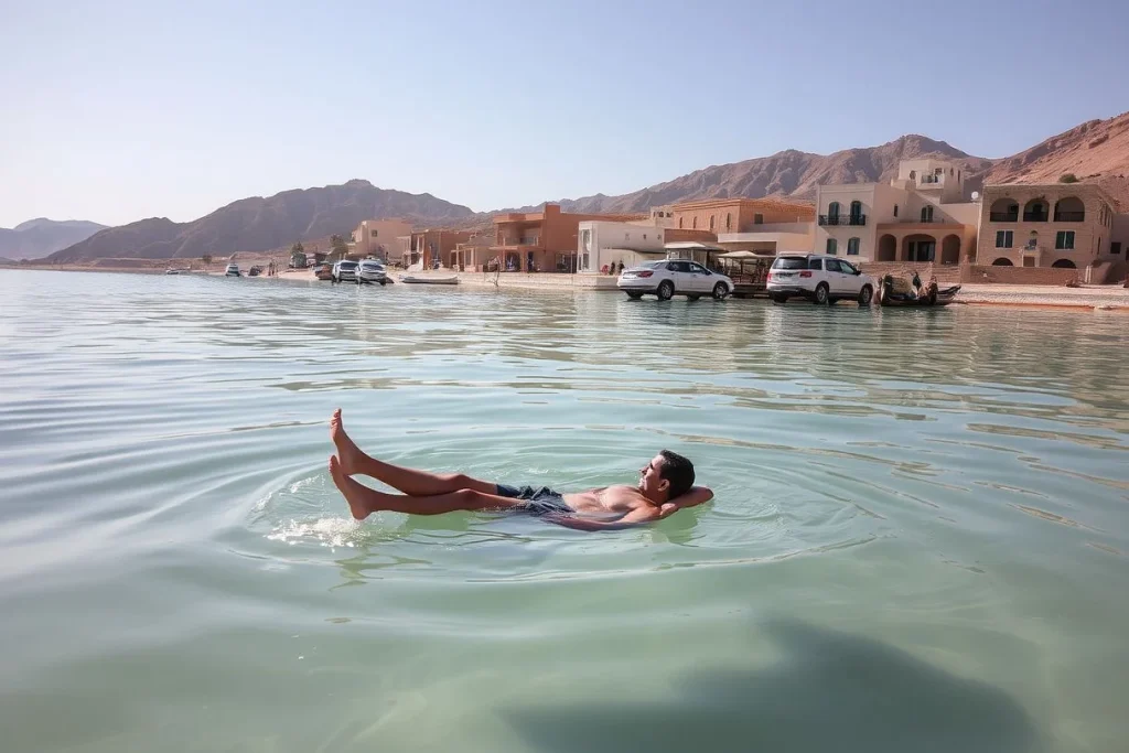 A man floats in shallow water beside a developed waterfront with parked cars, small boats, resort-style buildings, and