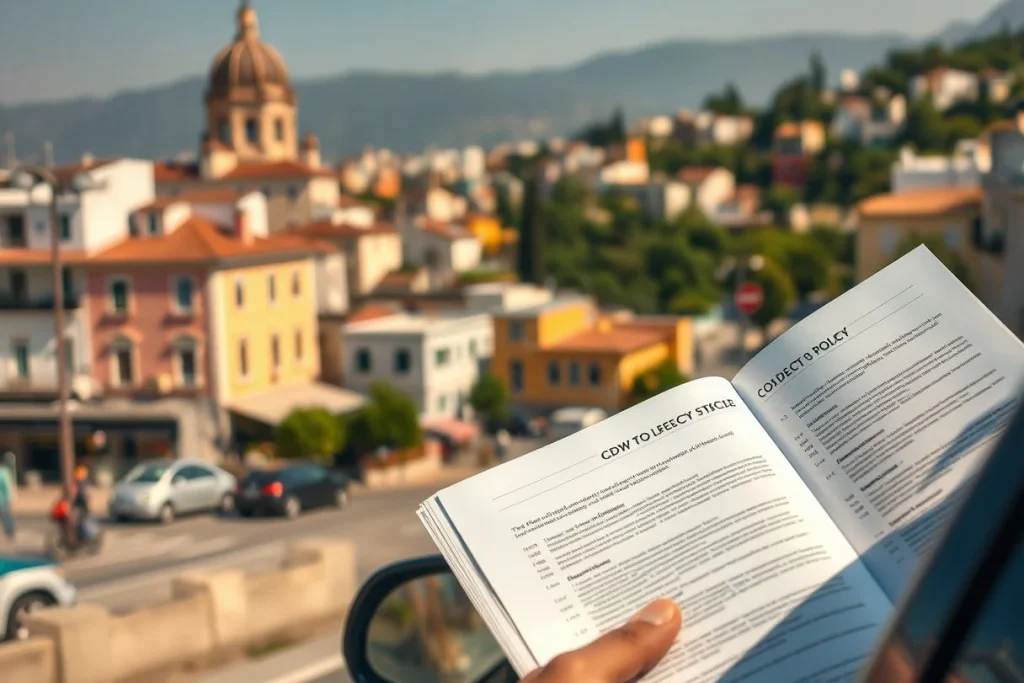 A hand holds an open insurance policy document inside a vehicle, with a blurred Mediterranean-style city, domed church, road
