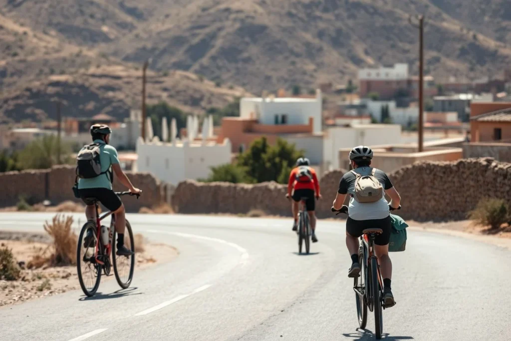 Three helmeted cyclists ride touring bicycles along a curving paved road through a Moroccan Atlas foothill town, with