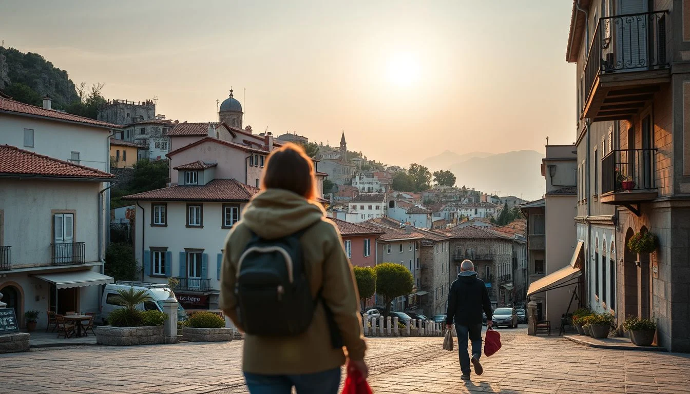 A wide early-morning view of a hilly historic town with red-tiled buildings, a domed tower and distant mountains, while two