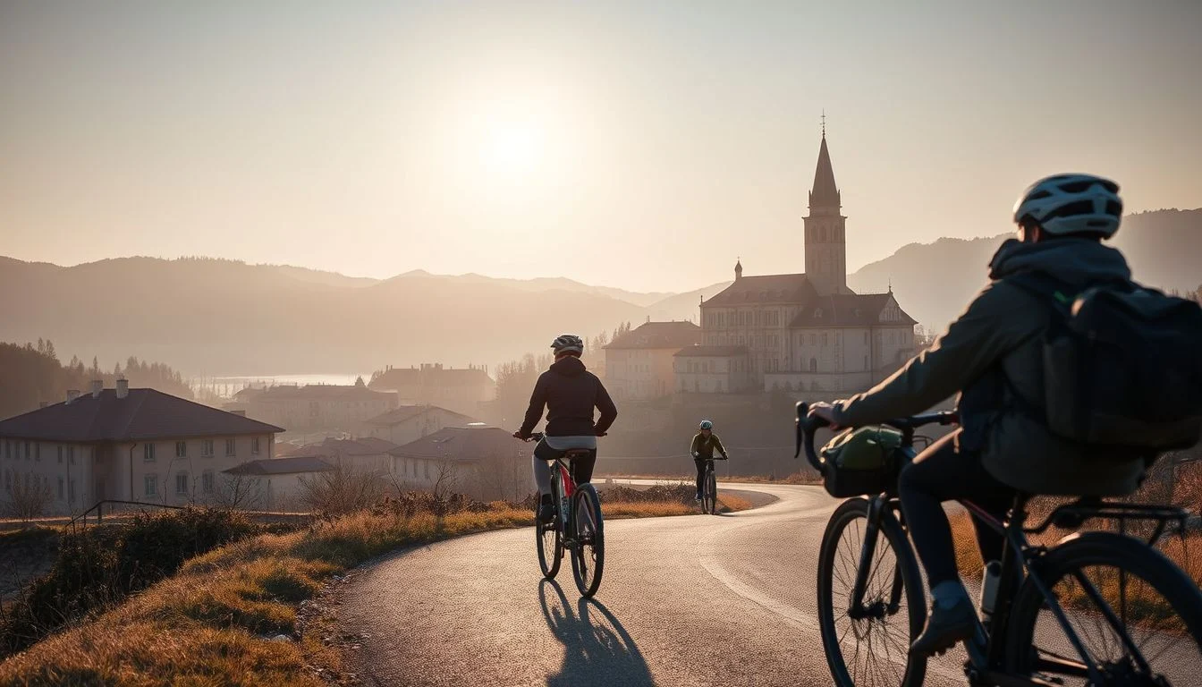 A group of three cyclists rides along a curving road through a hillside town at sunrise, with a large church and layered