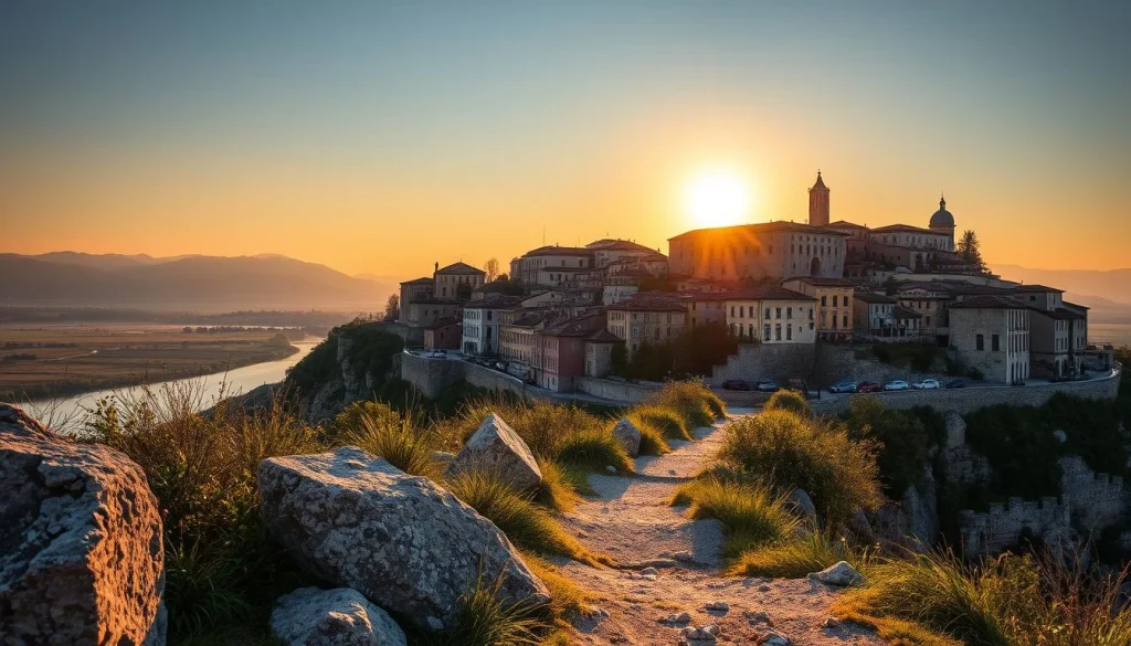 A golden-hour photograph of a European-style hilltop town with a domed church and tower overlooking a river valley, with a