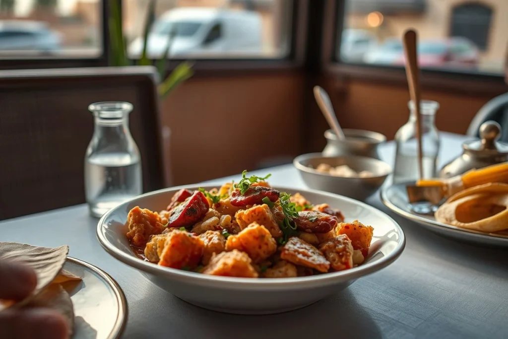 A close-up restaurant table holds a large bowl of mixed fried food garnished with herbs and roasted peppers, with bread