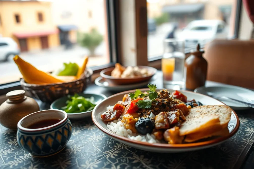 A close-up restaurant table holds a mixed rice-and-stew dish with flatbread, a patterned cup of dark tea, salad, fruit, and