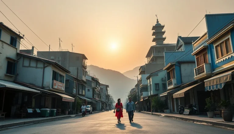 A broad, quiet Asian town street lined with low-rise blue and gray shops, two pedestrians walking in the road, mountains in