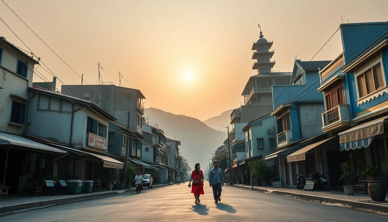 A broad, quiet Asian town street lined with low-rise blue and gray shops, two pedestrians walking in the road, mountains in