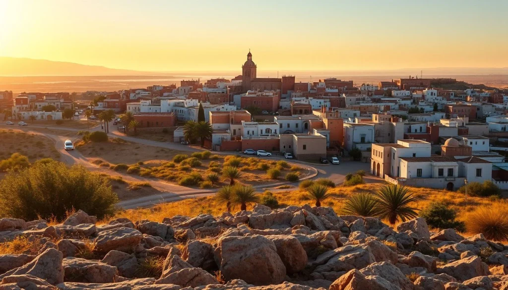 A golden-hour view over a low-rise Moroccan coastal city, with rocky scrubland in the foreground, curving roads, palms, and