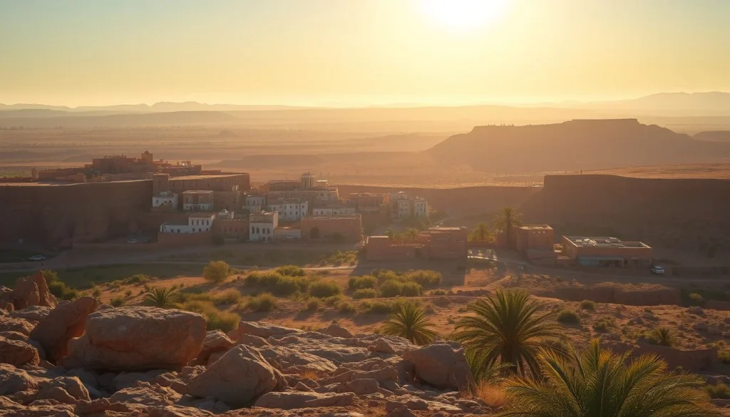 A warm golden-hour view over a rocky desert foreground, palm trees, an earthen settlement, and a broad flat-topped plateau