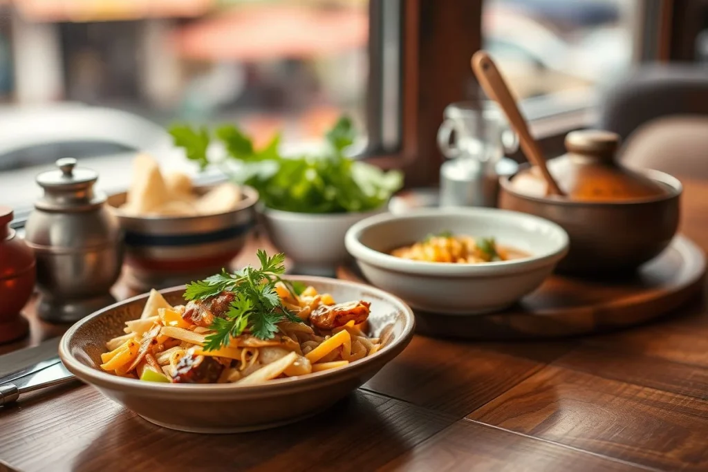 A close-up bowl of noodles and vegetables with fresh herbs sits on a wooden table beside additional bowls, a pot, and