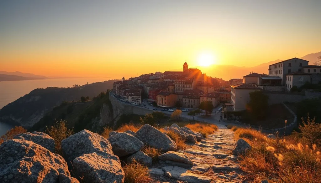 A golden-hour view from a rocky path over a cliffside European town beside a broad body of water, with mountains in the