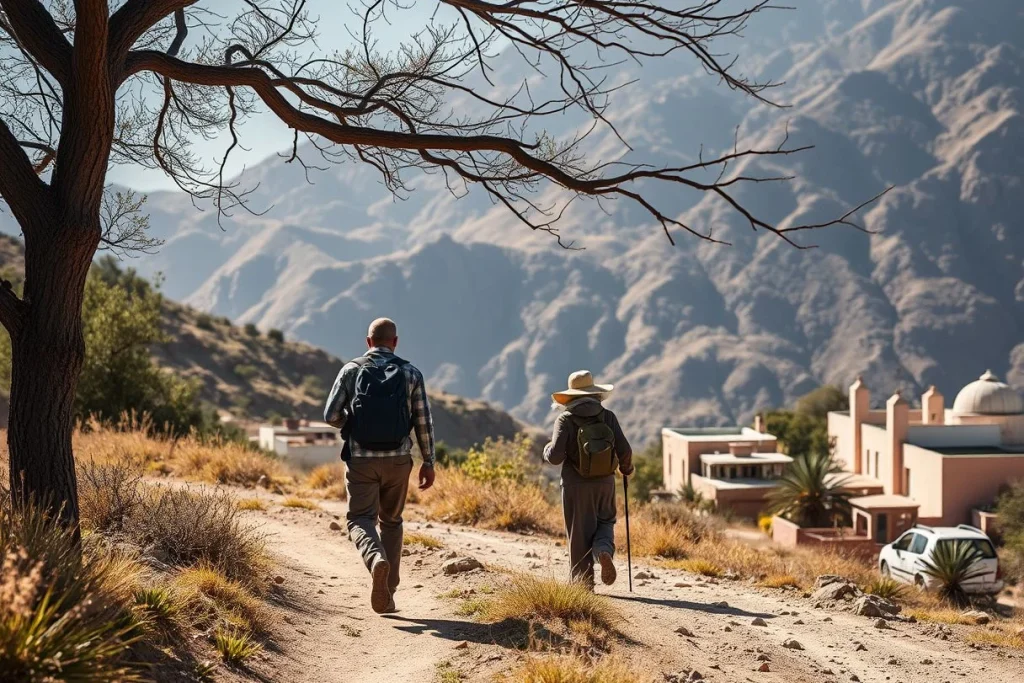 Two hikers walk away along a dry mountain trail above a Moroccan village, with rugged mountains, a large tree, and low