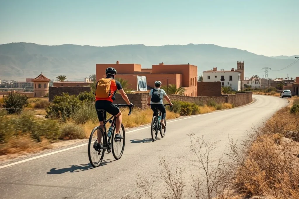 Two cyclists in helmets ride touring bicycles along a paved road through a dry Moroccan settlement with red-earth buildings