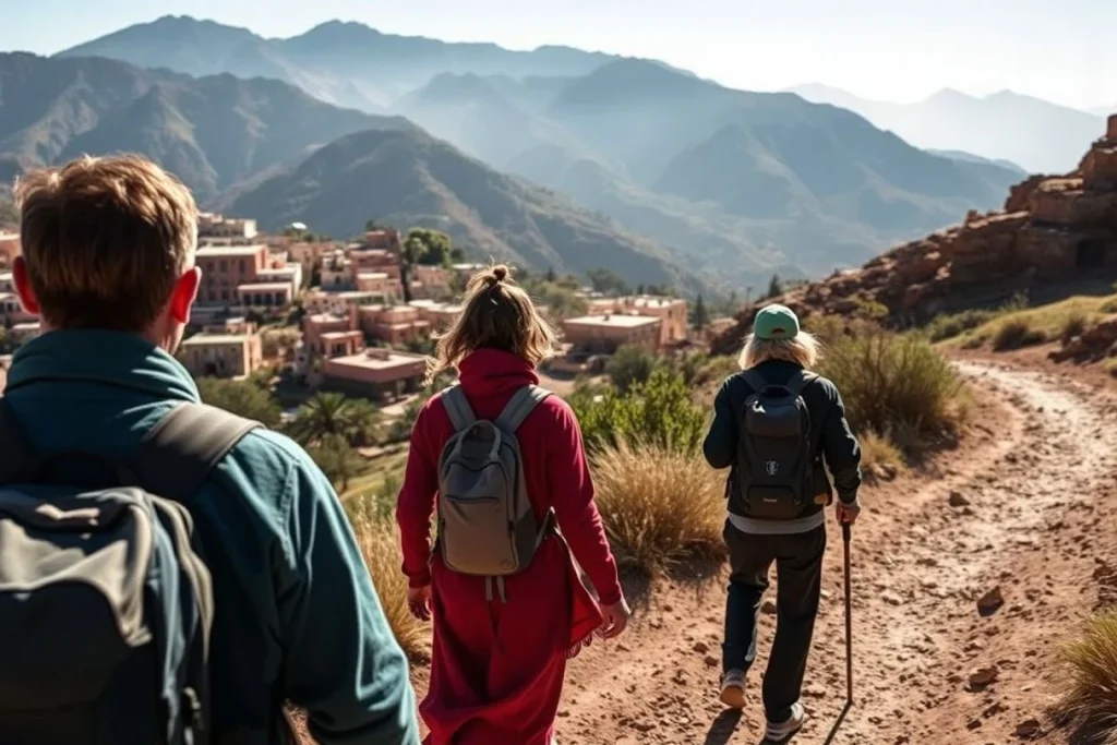 Three hikers with backpacks walk along a rugged mountain trail above a Moroccan Atlas village, with layered mountains in the