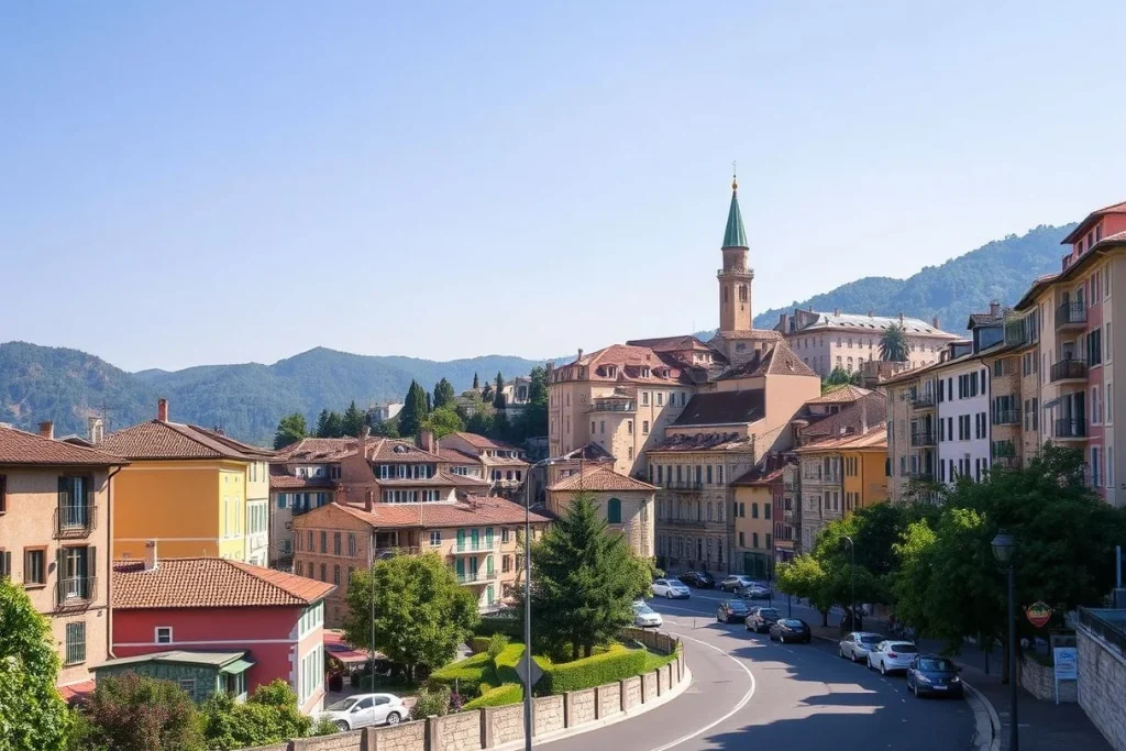 A sunlit European mountain town with terracotta-roofed buildings, a church tower, a curving road, parked cars, and forested
