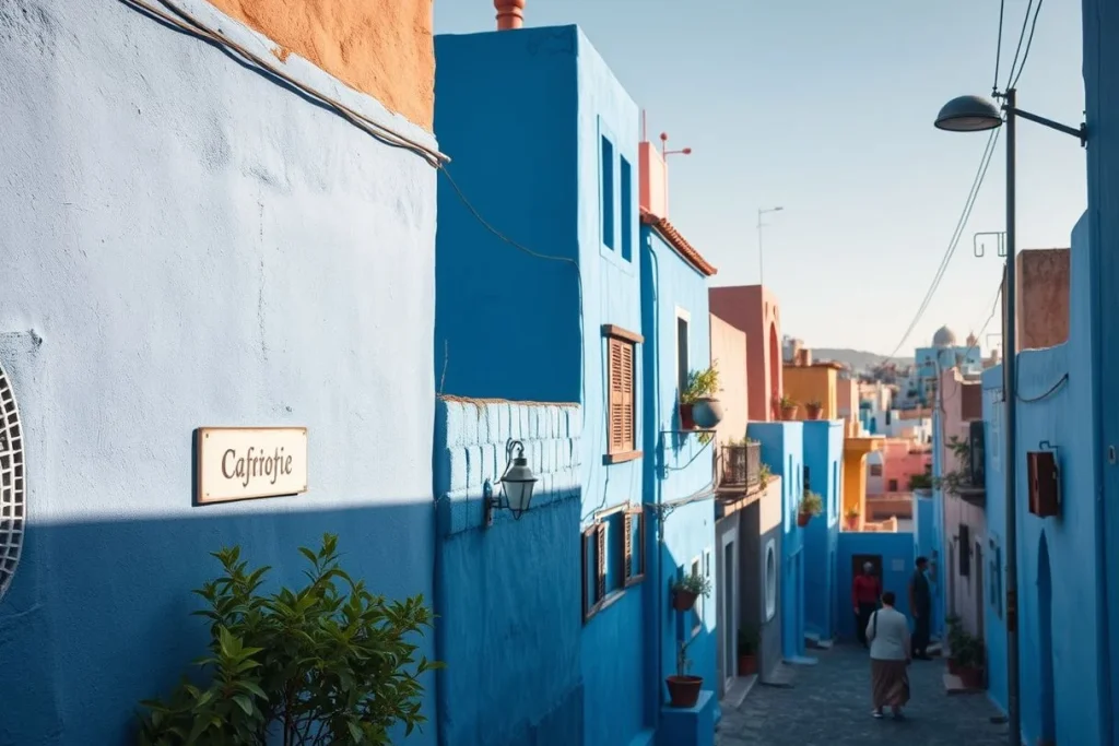 A sunlit, blue-painted narrow street in Chefchaouen with potted plants, overhead wires, a small wall sign, and several