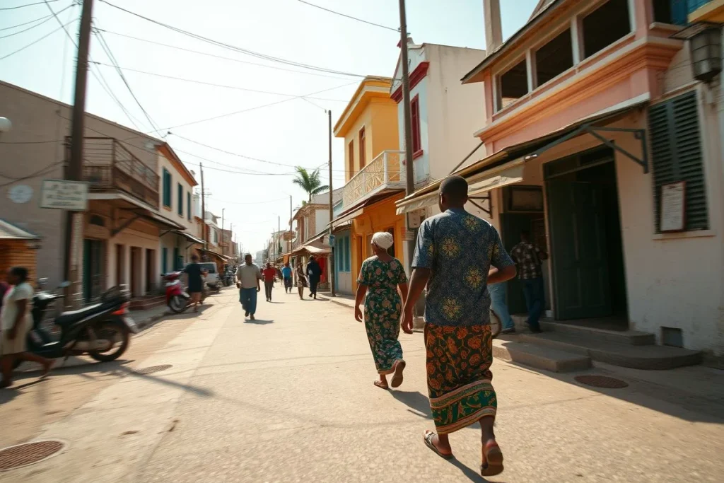 A couple walks down a sunlit urban street in Zanzibar, surrounded by colourful low-rise buildings, scooters, pedestrians and