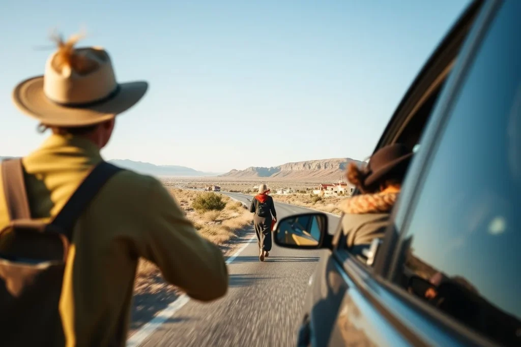 A road-trip scene in a dry mountainous Namibian landscape, viewed from beside a vehicle with two passengers in the