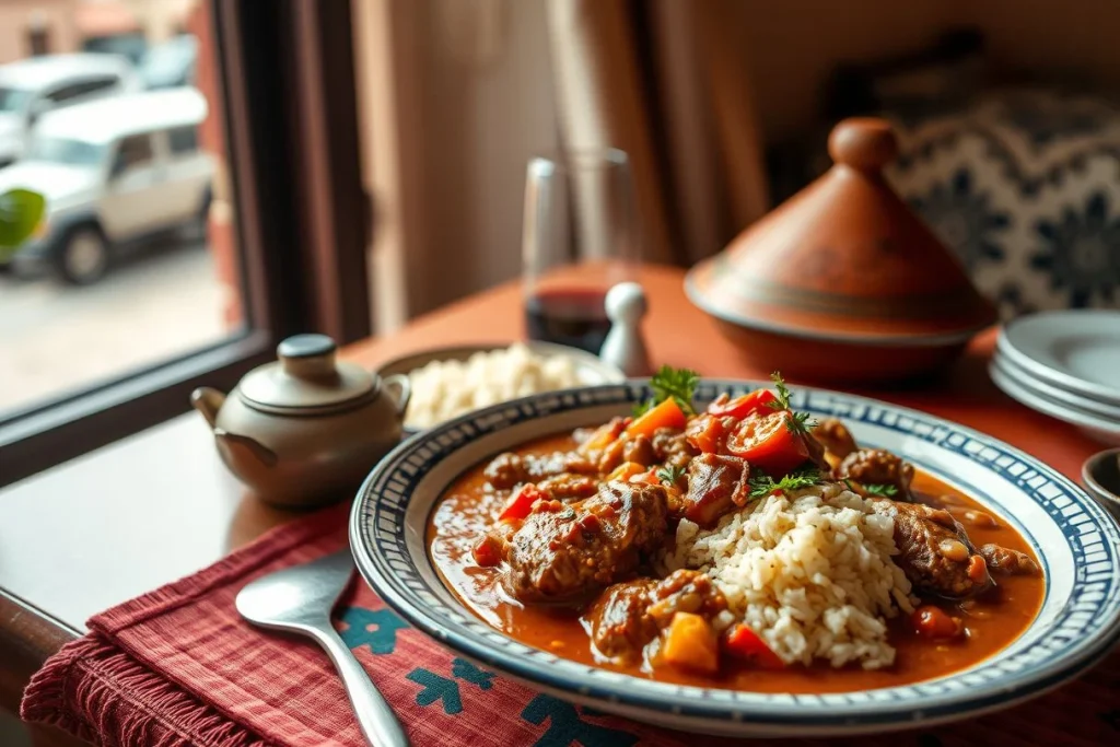A close-up plate of meat and rice in sauce on a patterned ceramic dish, with a tagine, teapot, glass and stacked plates on a