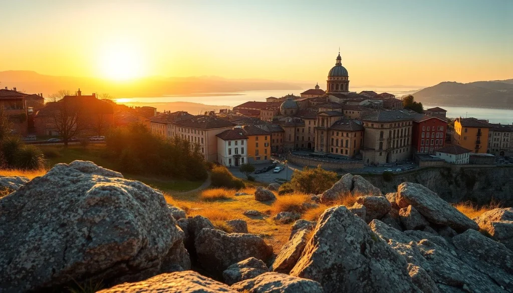 A golden-hour view over a European-looking waterfront town with a large domed church, surrounding mountains and water, and