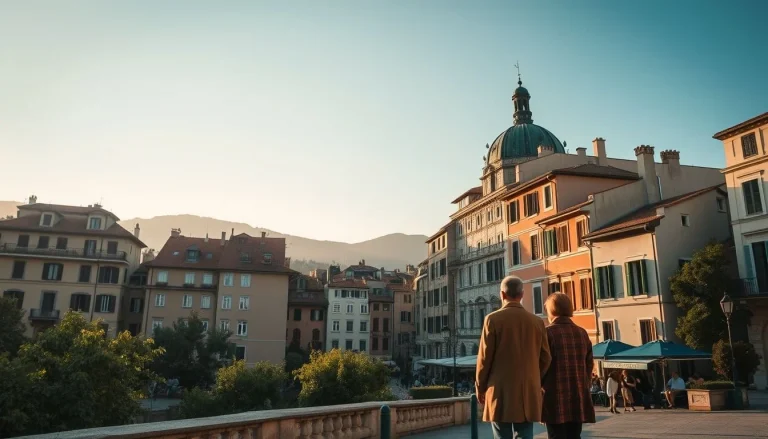 A wide early-morning view of a European town with warm-toned historic buildings, a prominent domed church, distant