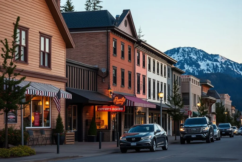 A mountain-town commercial street lined with historic storefronts, parked cars, glowing shop lights, and a snow-streaked
