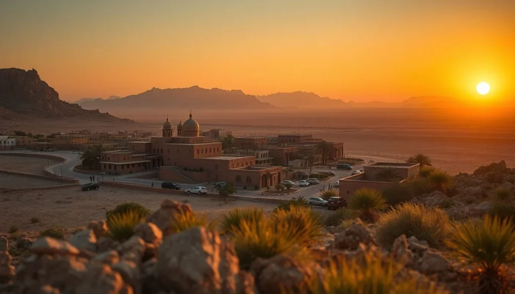 A golden-hour view over a small arid Egyptian settlement with a domed religious building, winding roads, mountain ranges