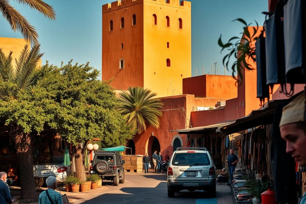 A sunlit Marrakech souk lane with ochre buildings, palm trees, market stalls, several vehicles and pedestrians, dominated by