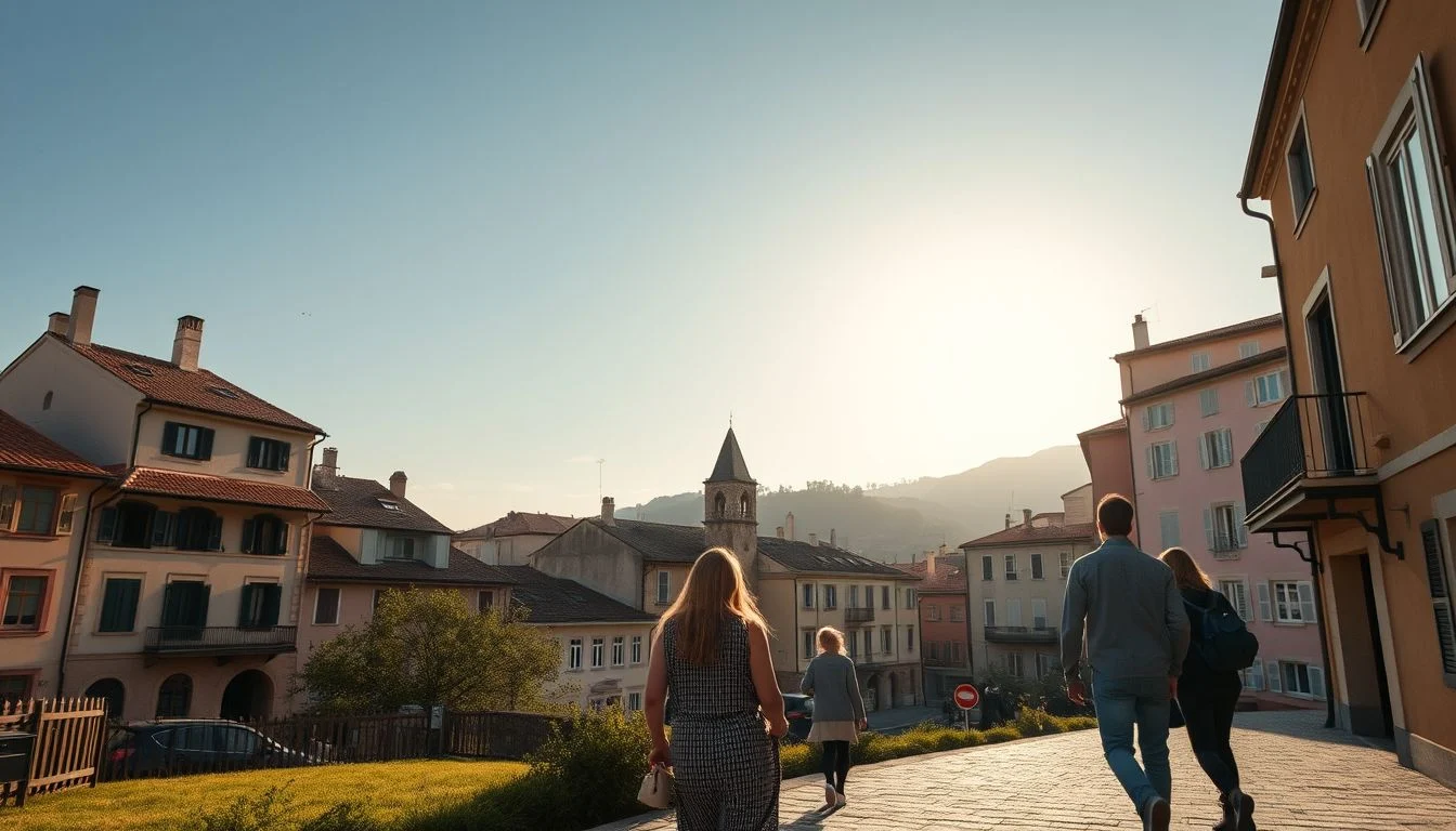 A sunlit European hillside town with pastel buildings, a small church bell tower, mountain scenery, and several pedestrians