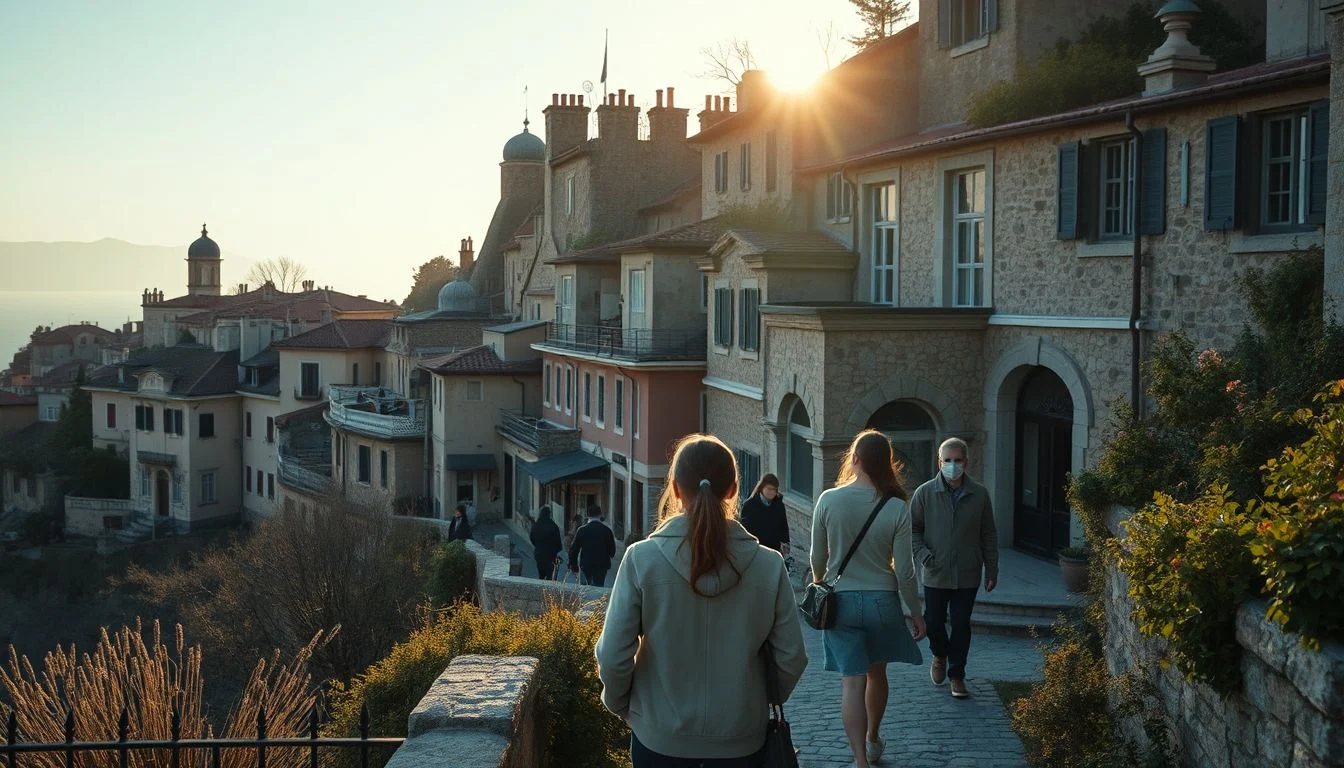A sunlit hillside settlement with stone and stucco buildings, several pedestrians walking along a narrow paved lane, and