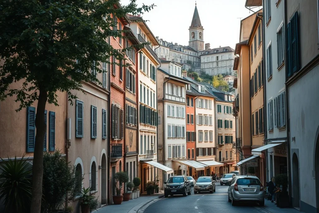 A narrow European city street lined with colorful shuttered buildings, parked cars, cafés, and a small church tower rising