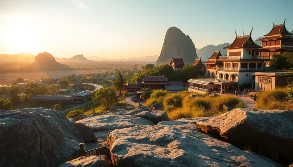 A golden-hour view over a rocky foreground and a settlement of ornate Thai-style buildings, with layered karst mountains in