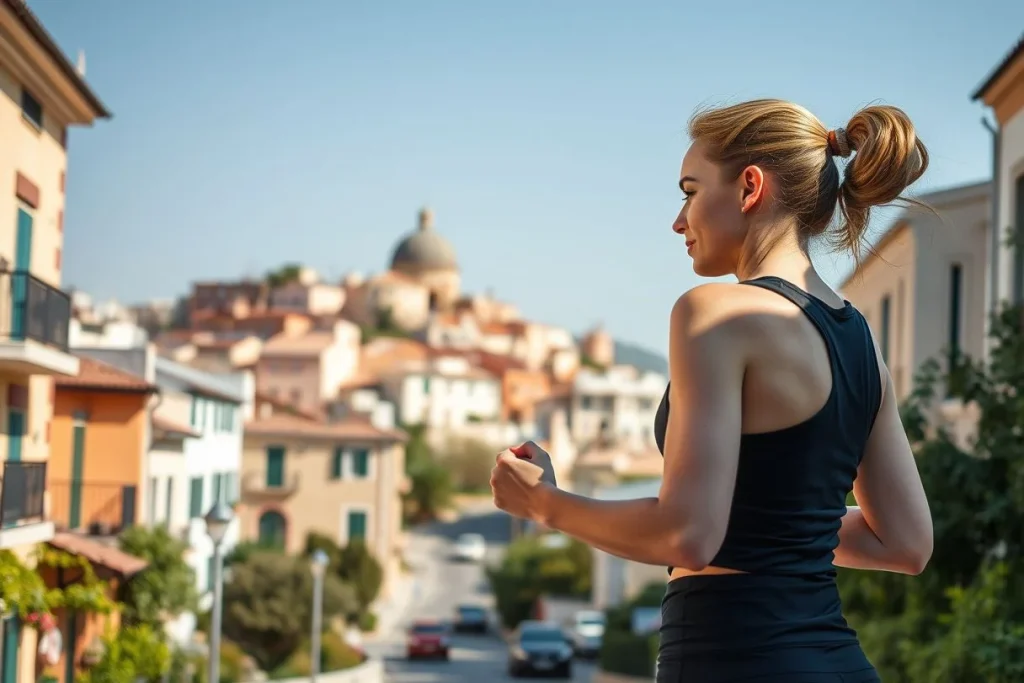 A female runner in black athletic clothing jogs along a sunlit residential street overlooking a Mediterranean-style town