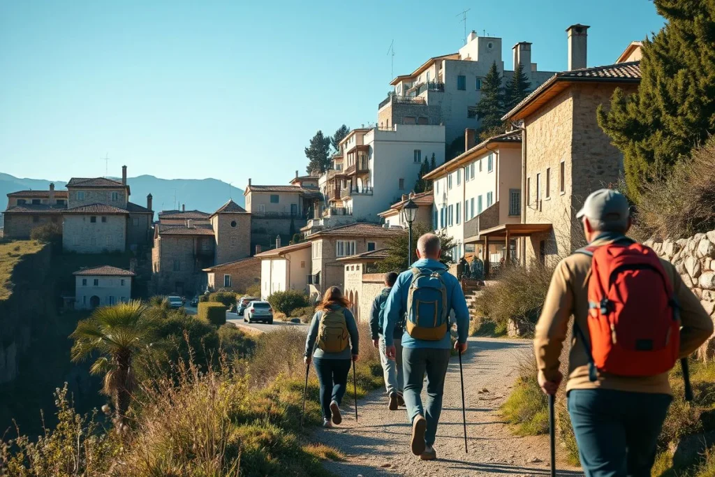 Four hikers wearing backpacks and using trekking poles walk along a gravel path through a sunlit mountain village, with