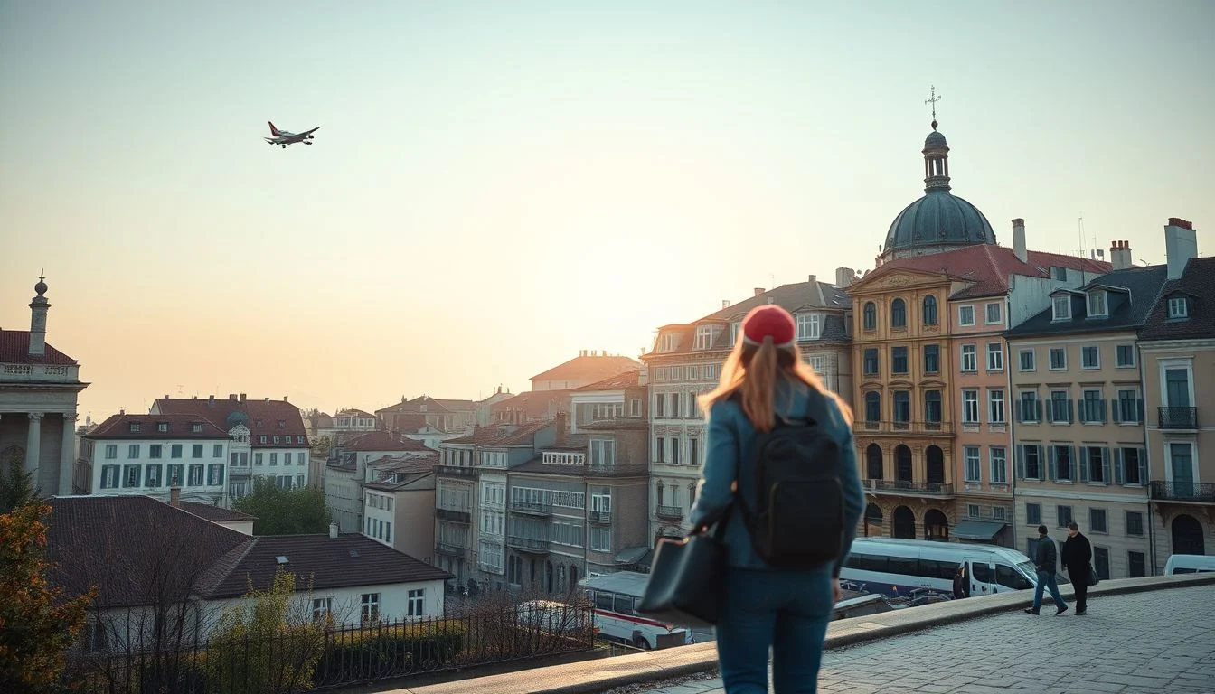 A woman with luggage stands on a European city overlook at sunrise, facing historic rooftops and a domed building while an
