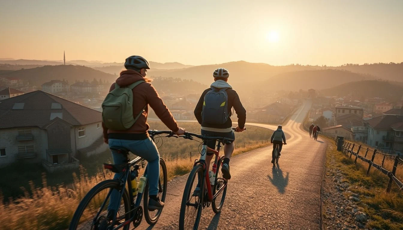 A group of cyclists rides downhill on a rural road overlooking a hilly town in warm early-morning light.