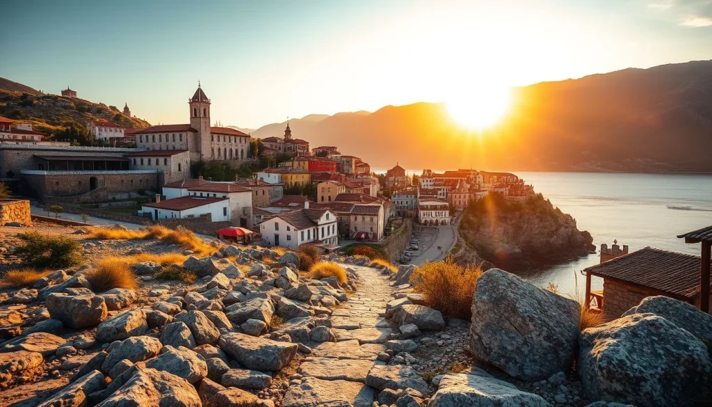 A sunlit rocky path overlooks a densely built Mediterranean-style coastal town, a church complex, steep mountains, and a