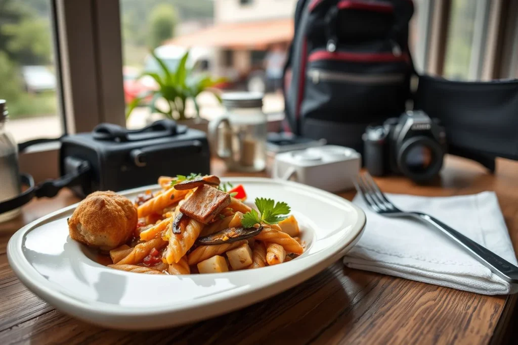 A plate of pasta with vegetables and a bread roll sits on a wooden table beside a folded napkin, travel bags, and a camera