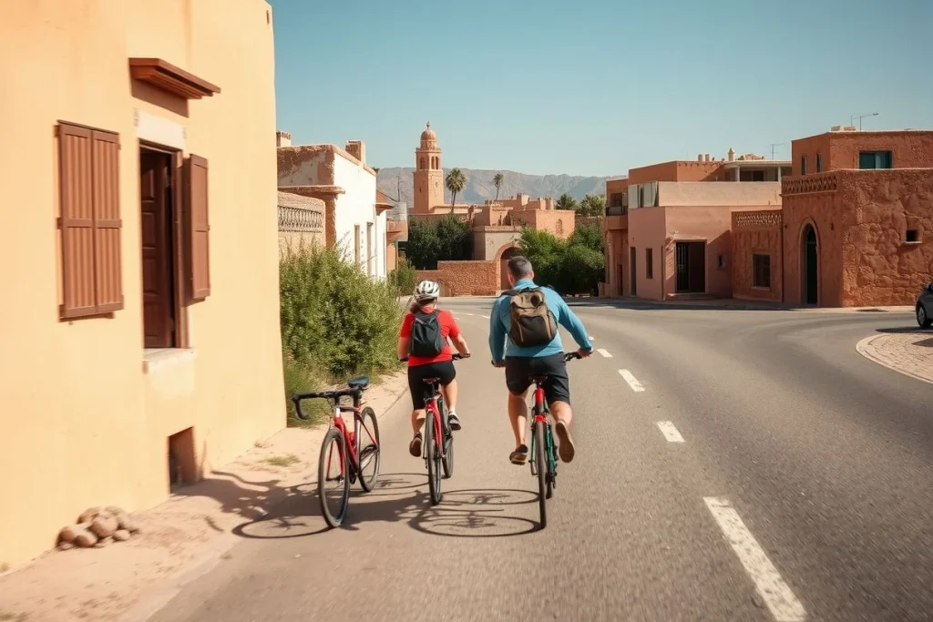 Two cyclists with backpacks ride through a sunlit Moroccan town toward the distant Atlas Mountains, while a third bicycle