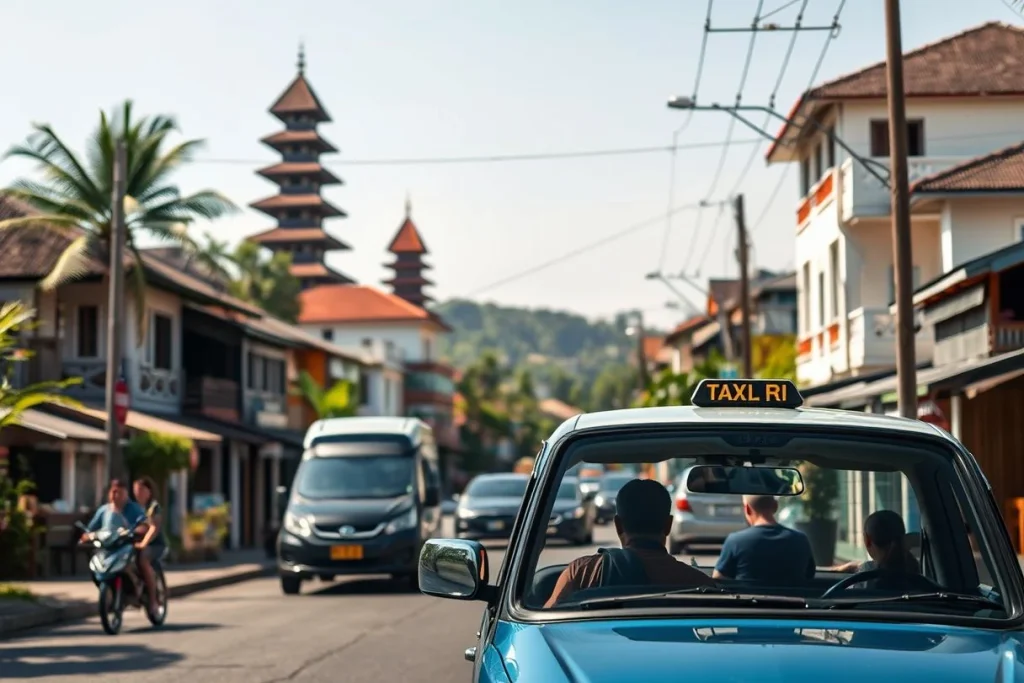 A blue taxi with a roof sign drives along a busy tropical Balinese street, with scooters, cars, shopfronts, palm trees and